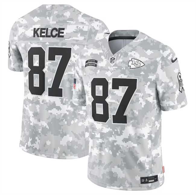 Mens Kansas City Chiefs #87 Travis Kelce 2024 Arctic Camo Salute To Service Limited Stitched Jersey Dyin